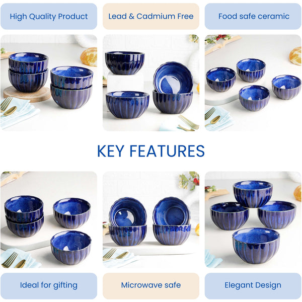 Blue Ribbed Ceramic Bowl Set of 4, 320ML