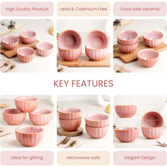 Pink Ribbed Ceramic Snack Bowl Set of 4 – 320ML