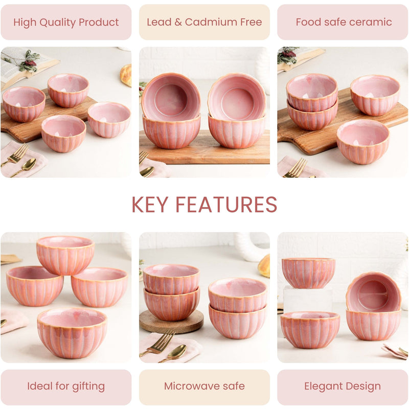 Pink Ribbed Ceramic Snack Bowl Set of 4 – 320ML