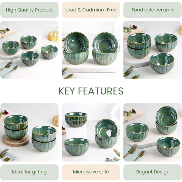 Green Ribbed Ceramic Bowl Set of 4, 320ML