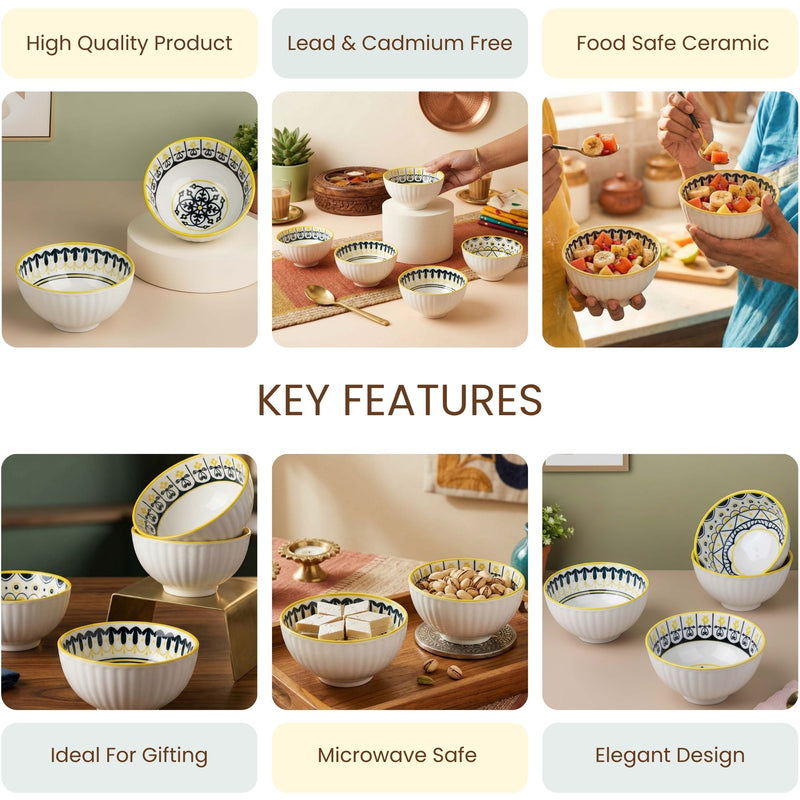 Yellow Floret Ceramic Bowl Set of 6 - 300ml