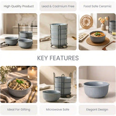 Fringe Grey Ceramic Bowl Set of 4 with Metal Stand
