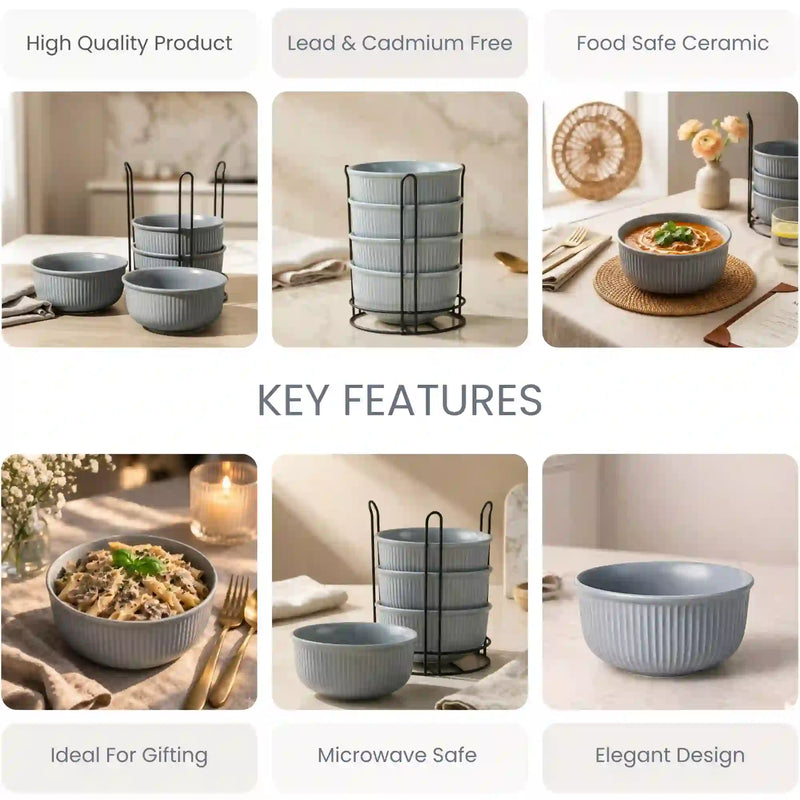 Fringe Grey Ceramic Bowl Set of 4 with Metal Stand