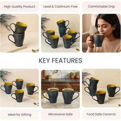 Blue Fusion Wave Ceramic Mugs Set of 4 (300ML) – Microwave Safe