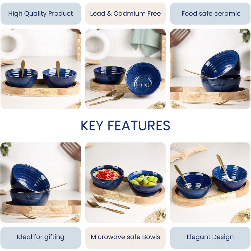 Sage Blue Ceramic Bowl Serving Set 2 Bowls, 1 Tray, and 2 Spoon