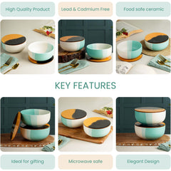 Green Matte Ceramic Bowl Set of 2 – 500ML with Lid