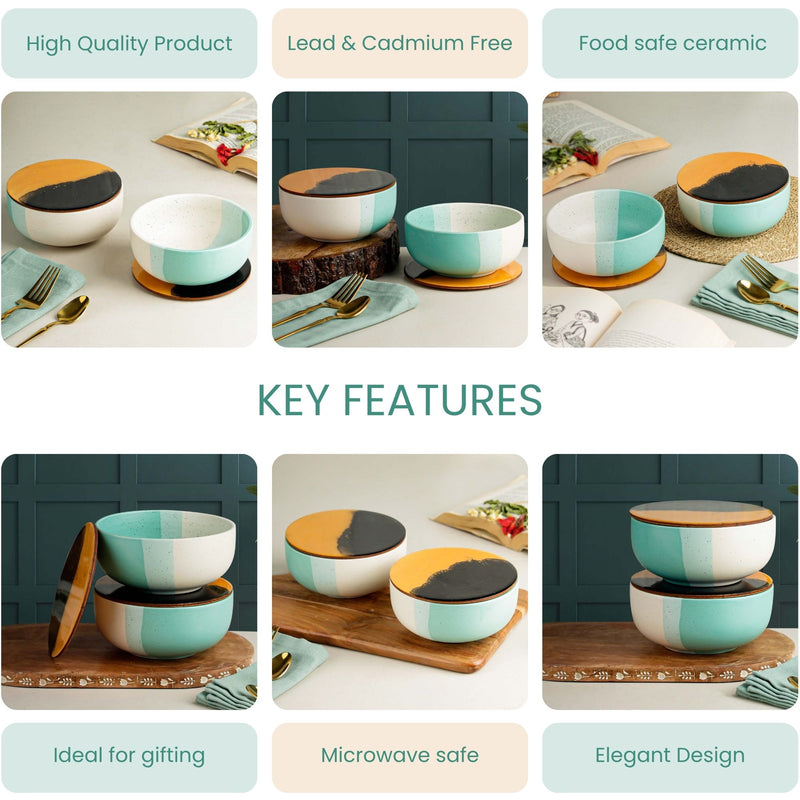 Green Matte Ceramic Bowl Set of 2 – 500ML with Lid