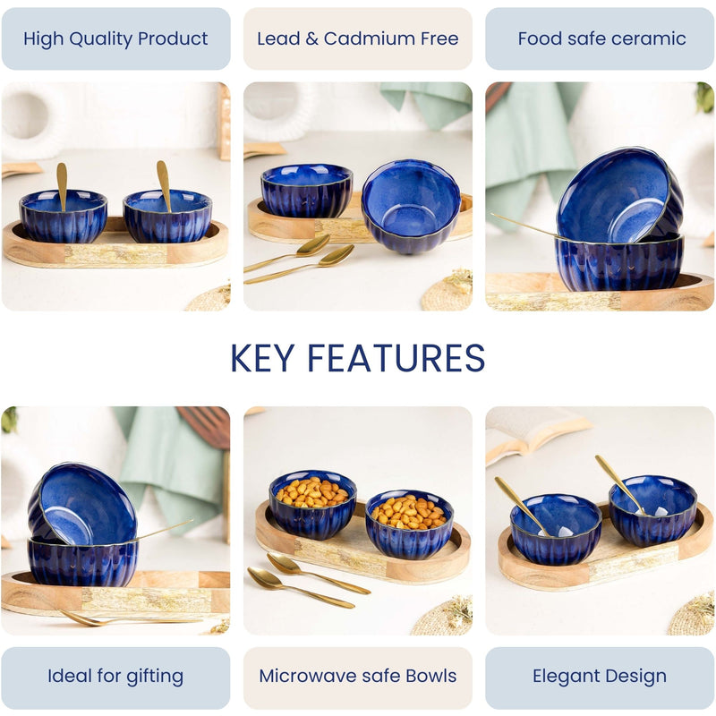 Blue Ribbed Ceramic Bowl Serving Set 2 Bowls, 1 Tray, and 2 Spoon