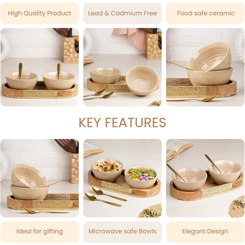 Sage Creamy Ceramic Bowl Serving Set 2 Bowls, 1 Tray, and 2 Spoon