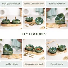 Green Ribbed Ceramic Bowl Serving Set 2 Bowls, 1 Tray, and 2 Spoon