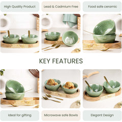 Sage Green Ceramic Bowl Serving Set 2 Bowls, 1 Tray, and 2 Spoon