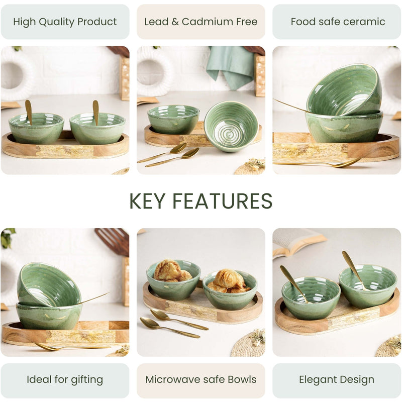 Sage Green Ceramic Bowl Serving Set 2 Bowls, 1 Tray, and 2 Spoon