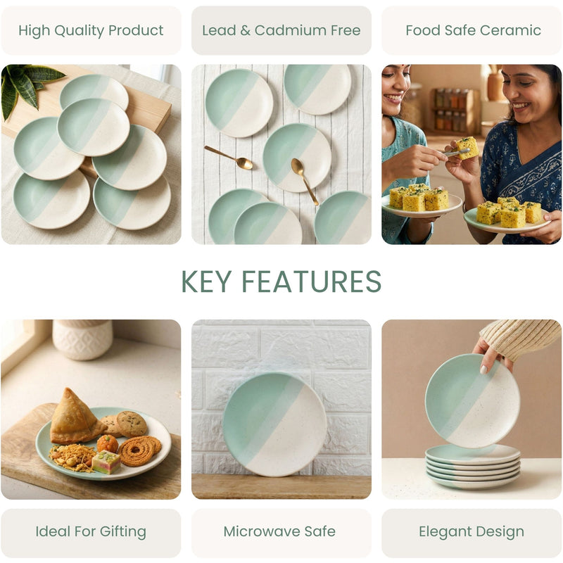 TT Green Matte Ceramic Quarter Plates Set of 6 – Chip-Resistant