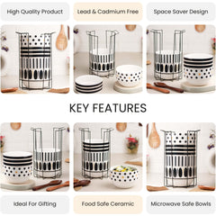 Ink Bliss Ceramic Stackable Bowl Set of 4 with Stand | Space Saver Bowl