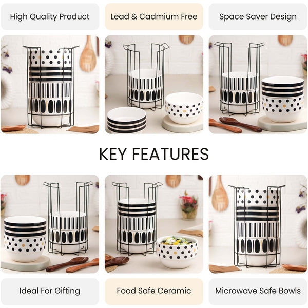 Ink Bliss Ceramic Stackable Bowl Set of 4 with Stand | Space Saver Bowl
