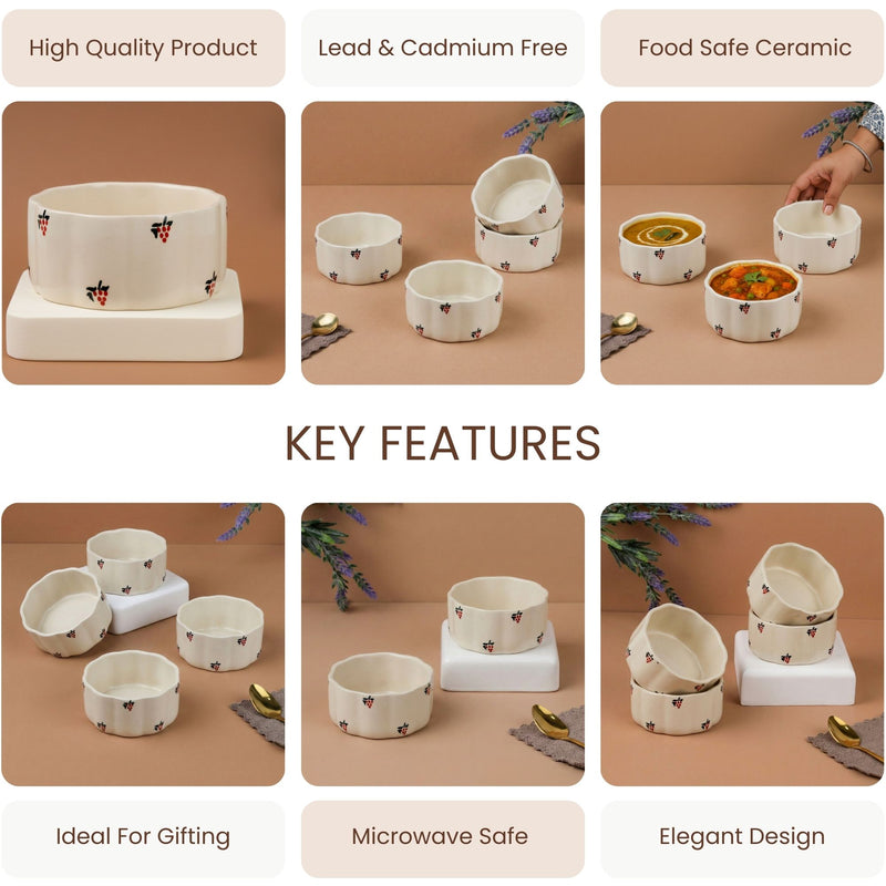 Cream Grapes Ceramic Vegetable Bowl Set of 6 (250ML)