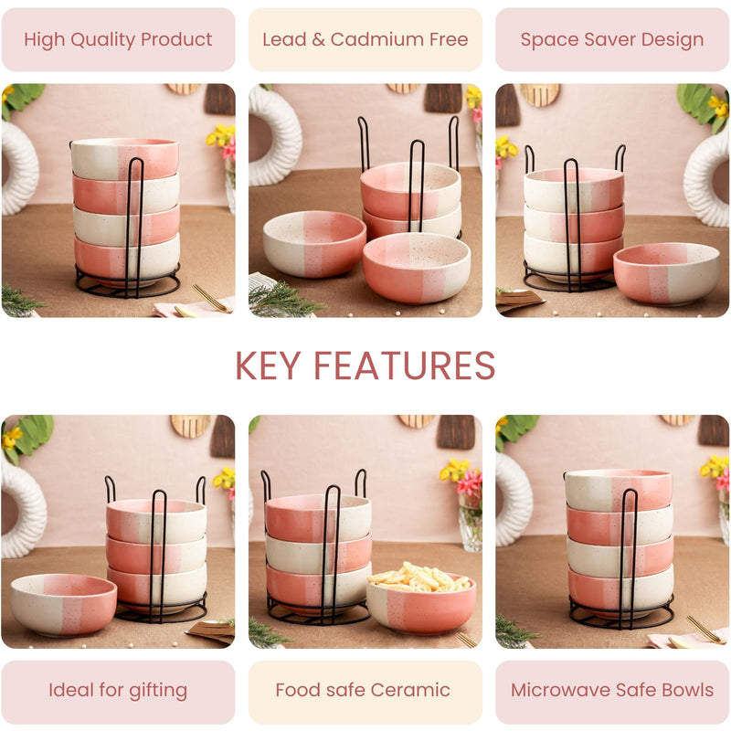 Tritone Pink Ceramic Bowl Set of 4 with Metal Stand – 500ML