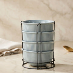 Fringe Grey Ceramic Bowl Set of 4 with Metal Stand