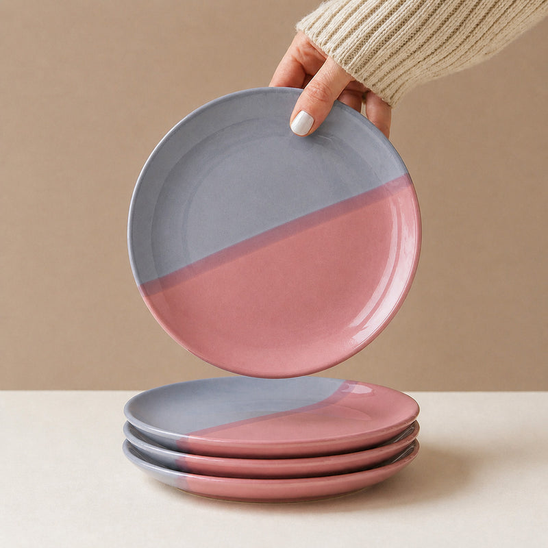 Grey Pink Ceramic Quarter Plates - Set of 6