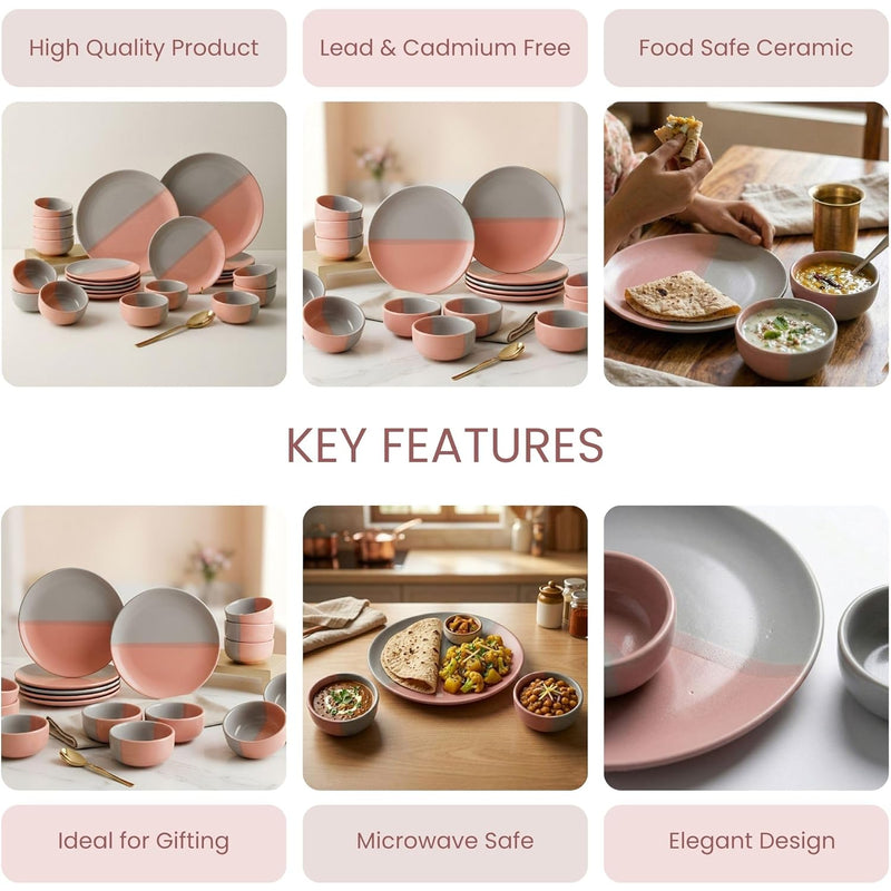 Grey Pink Ceramic Dinner Set - 24 Piece Plates & Bowls Set