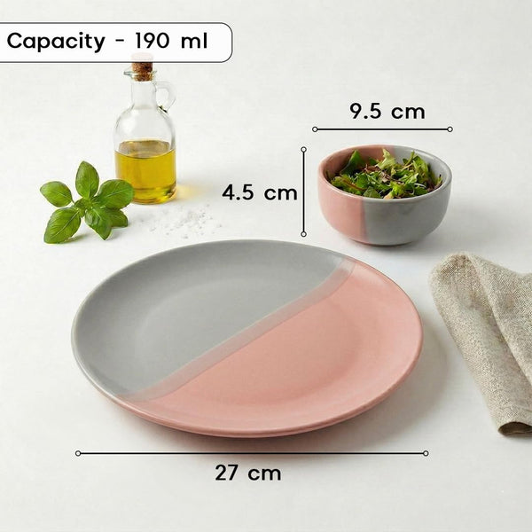 Grey Pink Ceramic Dinner Set - 24 Piece Plates & Bowls Set
