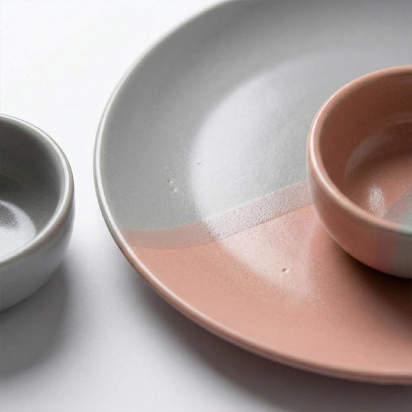 Grey Pink Ceramic Dinner Set - 24 Piece Plates & Bowls Set