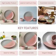 Grey Pink Ceramic Plate & Bowl Set - 4 Pieces