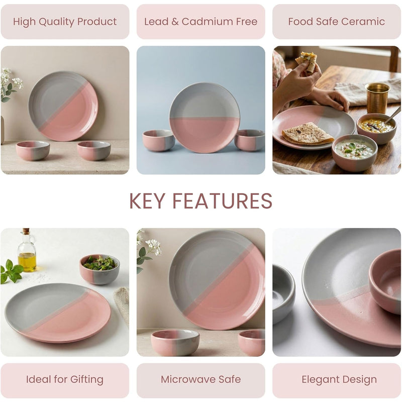 Grey Pink Ceramic Plate & Bowl Set - 4 Pieces