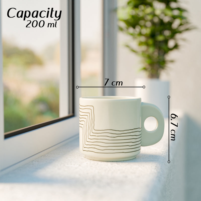 Cream Black Ziggy Ceramic Tea Cup Set of 6, 200 ML Each - The Earth Store - Cup Sets
