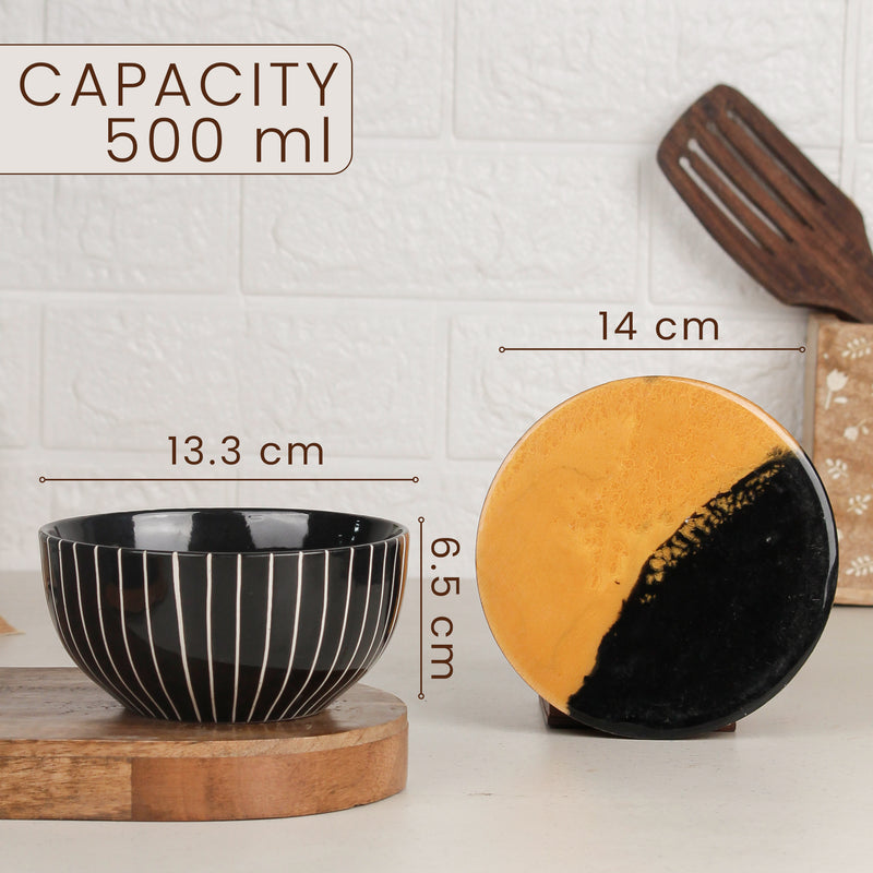 Black Stripe Ceramic Bowls Serving Set – 3 Bowls, 3 Coaster, 3 Spoon and 1 Tray