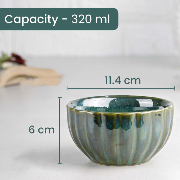 Green Ribbed Ceramic Bowl Set of 4, 320ML