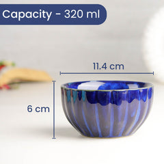 Blue Ribbed Ceramic Bowl Set of 4, 320ML