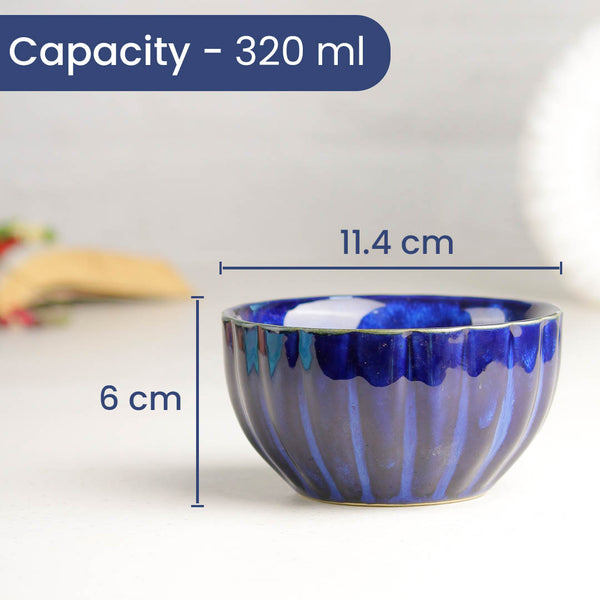 Blue Ribbed Ceramic Bowl Set of 4, 320ML