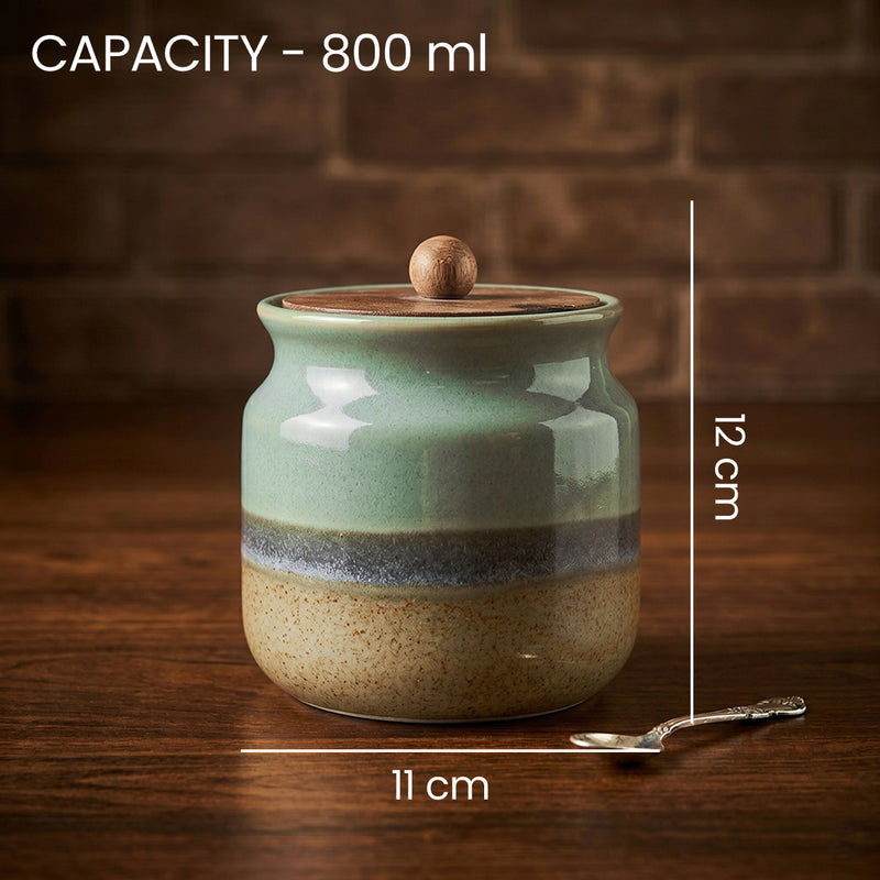 Rustic Green Ceramic Jar Set of 2 (800ML) – Airtight Kitchen Storage Containers & Spice Jars