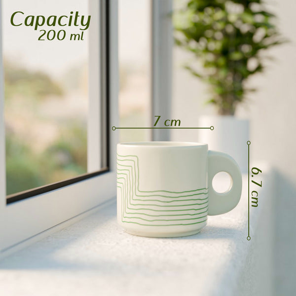 Cream Green Ziggy Ceramic Tea Cup Set of 6, 200 ML Each - The Earth Store - Tea Sets