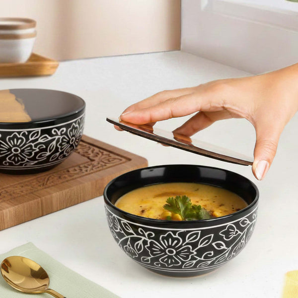 Black Artvine Ceramic Snack Bowl Set of 4 – 500ML with Lid