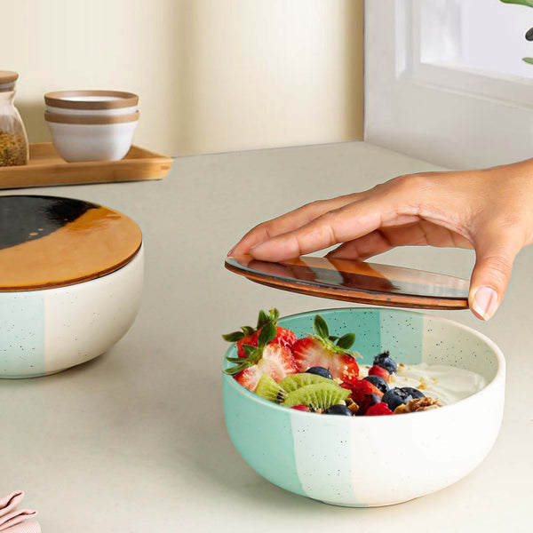 Green Matte Ceramic Bowl Set of 4 – 500ML with Lid
