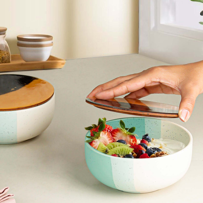 Green Matte Ceramic Bowl Set of 2 – 500ML with Lid