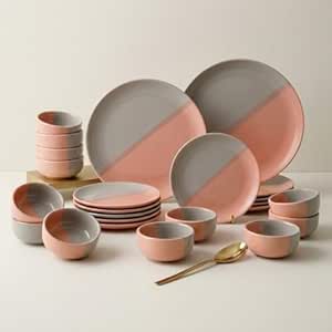 Grey Pink Ceramic Dinner Set - 24 Piece Plates & Bowls Set