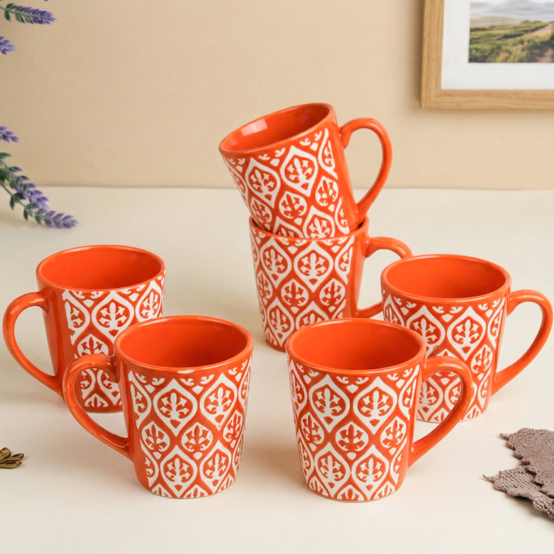 Orange Leaf Ceramic Coffee Mug Set of 6