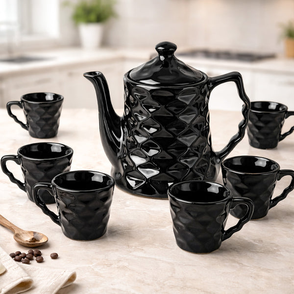 Black Diamond Ceramic Tea Set with Kettle & 6 Cups