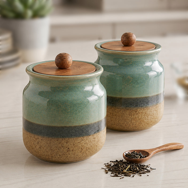 Rustic Green Ceramic Jar Set of 2 (800ML) – Airtight Kitchen Storage Containers & Spice Jars