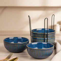 Glam Blue Ceramic Bowl Set of 4 with Stand