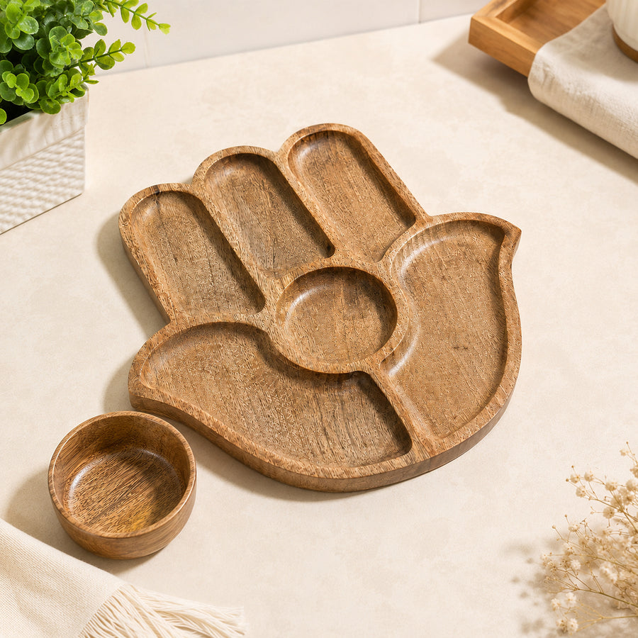 Wooden Hand Platter with Bowl (11 Inch) – Snack Serving Tray for Fruits, Snacks & Gatherings