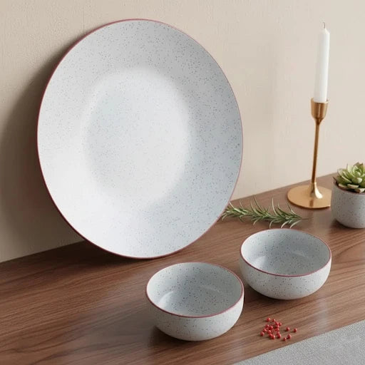 White Matte Brown 3-Piece Ceramic Plate & Bowl Set